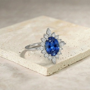 Bague halo en saphir bleu en argent sterling, bague de fiançailles en saphir ovale, bague halo vintage en diamant, cadeau pierre de naissance de septembre pour - Product Image 6