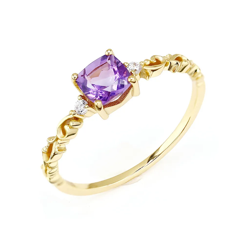 925 Sterling Silver 14K Gold Plated Jewellery Gemstone Series 5Mm Square Stone Amethyst Court Flower Wispy White Zircon Ring