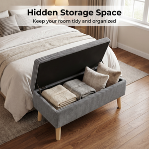 Panca contenitore in velluto a coste grigio oliva, larga 32 pollici, con gambe in legno, coperchio ribaltabile e imbottitura morbida, per fondo letto - Product Image 5