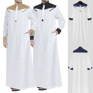 Nouvelle Robe Abaya Ample pour Hommes Musulmans Arabes, Col Montant, Manches Longues, Patchwork, Style Moyen-Orient Islamique, Thobe de Dubaï - Product Image 2