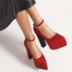 Escarpins élégants pour femme à talons épais et plateforme haute, ornés de paillettes brillantes, rouges, à bout pointu et bride cheville, à talons très hauts - Product Image 6