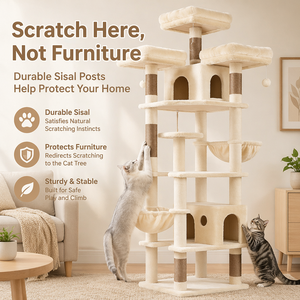 Tour de jeu pour <span class=keywords><strong>chat</strong></span> tout-en-un <span class=keywords><strong>avec</strong></span> structure en bois massif, poteaux en sisal naturel, hamac confortable et niche pour les grands chats - Product Image 5