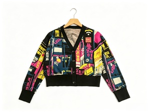Unisex BCI Cotton Sweater Graffiti Jacquard V Neck Button <b>Cardigan</b> Casual Streetwear - Product Image 2