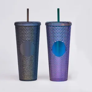 Benutzer definierte hohe Qualität 300 500 700 800ml Bunte Diamant Glitter Durian Kaffeetassen Kunststoff becher mit Deckel Stroh