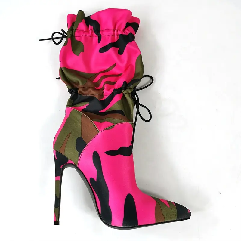 Anmairon großhandel niedrigsten preis rosa camouflage seide stoff stiletto high heel stiefeletten