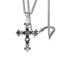 Collier vintage chrétien en acier inoxydable avec pendentif croix et perles, idéal pour un cadeau masculin