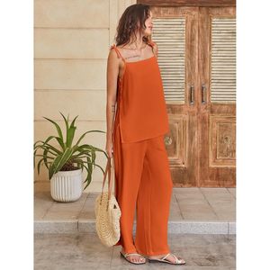 FOXA Womens 2 Piece Summer Set Sleeveless <b>Top</b> Wide Leg Pants Loose Loungewear Vacation Outfits Breathable Crepe Fabric - Product Image 6