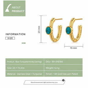 Pendientes de Aro Azul Turquesa de Acero Inoxidable con Baño de Oro de 14K, Pendientes de Aro Abierto Escultóricos - Product Image 3