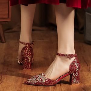 Youxiameng <b>Red</b> Embellished <b>Heeled</b> Wedding Shoes Women's Pointed Toe Ankle Strap Formal Dress Shoes Size 35-40 - Product Image 4