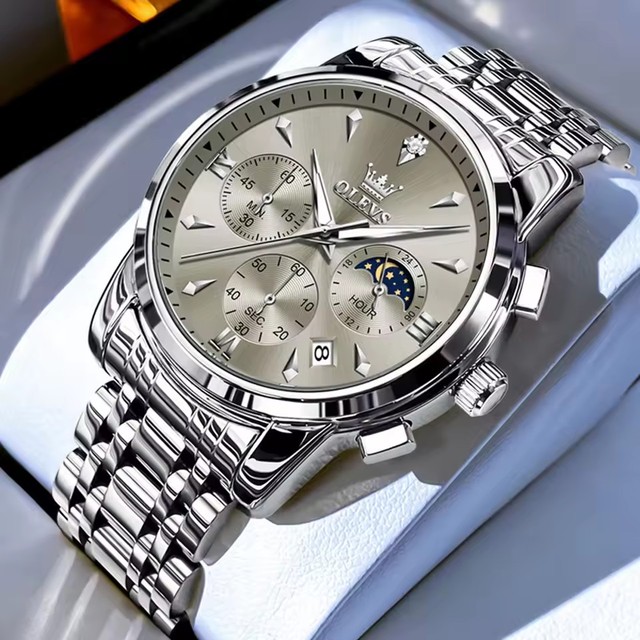 OLEVS 3639 New Fashion Three Eyes Stainless Steel Strap Quartz Watches Men Luminous Hands 3ATM Waterproof Reloj Watches for Men