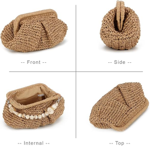 Custom Straw Dumpling <strong>Clutch</strong> <strong>Bag</strong> with Pearl Chain Woven Straw Tote <strong>Clutch</strong> Purse <strong>for</strong> Women - Product Image 3