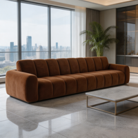 Canapé modulaire en velours brun caramel, design au sol à profil bas capitonné, style Camaleonda pour salon