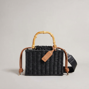 Sac à main de haute qualité cannes et rotins sac de pique-nique en plein air recycler sac de plage solide carré Durable, noir et jaune clair naturel - Product Image 1