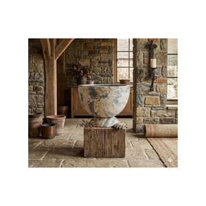 Pot de fleurs décoratif en fibre de verre avec piédestal, motif marbre, prêt à être expédié, pour jardin extérieur et patio. - Product Image 1