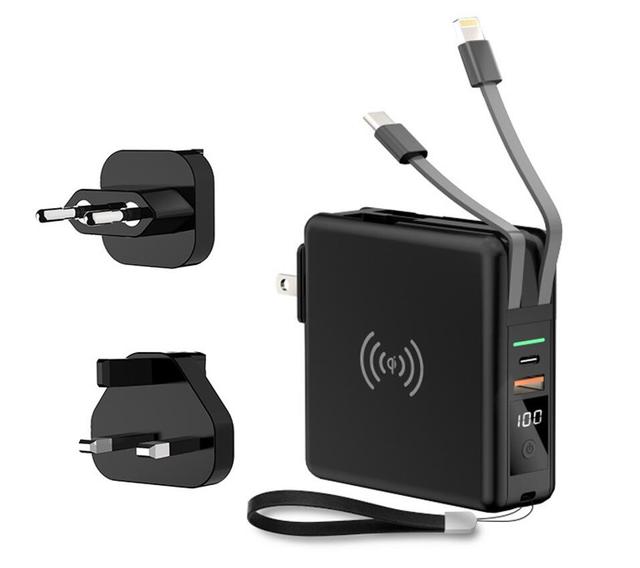 10000mAh Portable Charger Built-in Cables Wireless Charging QC3.0 PD Fast Charging (15W) AC Wall Plug for Android Phones