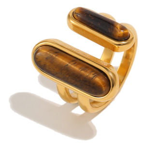 Stainless Steel 18K Gold Plated <b>Tiger</b> <b>Eye</b> Stone Open <b>Ring</b> Retro Geometric Statement Finger <b>Ring</b> For Women Trendy Daily Jewelry - Product Image 1
