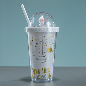 Double Walled Plastic Straw Cup With Planet Pattern Push Top Lid Student Water Bottle Two Piece Set Black And White - Product Image 4