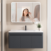 Meuble-lavabo mural en aluminium alvéolé avec vasque en céramique et armoire miroir LED intelligente, meuble de salle de bain flottant couleur crème
