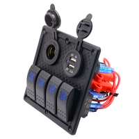 Panel saklar Rocker LED 4 Gang 12V, dengan Voltmeter Digital dua Port USB 12V kombinasi Outlet