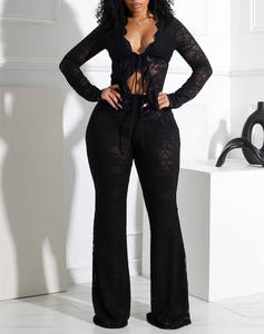 Nuevos conjuntos de encaje de primavera y otoño para mujer, Top ajustado <span class=keywords><strong>Sexy</strong></span> de manga larga y pantalones acampanados, ropa de discoteca roja <span class=keywords><strong>2025</strong></span>, dos trajes de 2 piezas - Product Image 3
