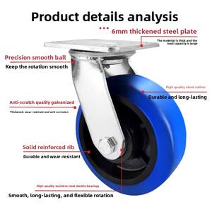 Roues en caoutchouc TPR bleues à haute élasticité de 3, 4 et 5 pouces, de qualité moyenne à robuste, pour chariots à outils, roulettes pivotantes à double <span class=keywords><strong>axe</strong></span>, freins silencieux - Product Image 2