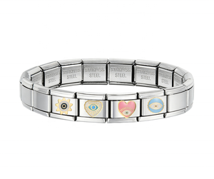 Stainless Steel Italian Charm <b>Bracelet</b> with Eye & Heart Enamel Charms <b>Stretch</b> Link Platinum Plated Unisex DIY Jewelry - Product Image 4