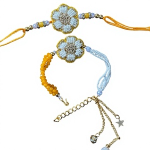 Flower Beaded rakhi Bracelet <b>Set</b> With Pearl Imitation <b>Gold</b> Plated Chain Charm handmade rakhi Jewelry Gift festival rakhi - Product Image 3