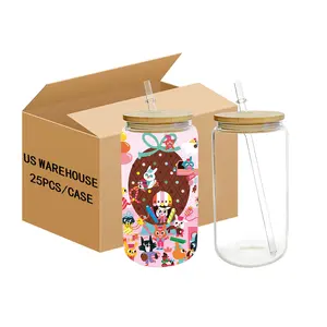 hot sale 16oz sublimation beer soda glass tumbler can shaped frosted clear glass with bamboo lid and straw
