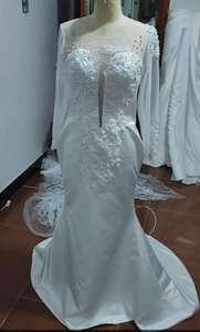 2025 árabe Aso Ebi vestido de novia de talla grande cosido a mano perlas encaje bordado blanco satén sirena vestido con mangas completas para novia - Product Image 4