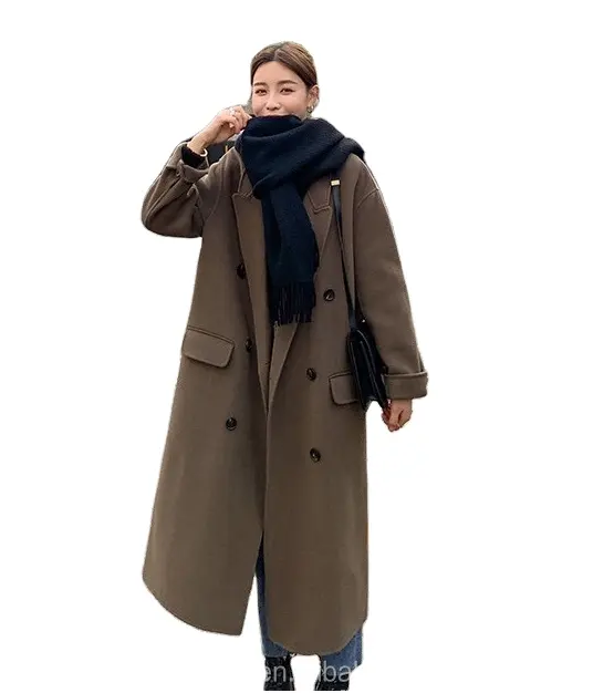 Capispalla Oversize soprabito ampio risvolto caffè 100% lana trench cappotto lungo in lana da donna