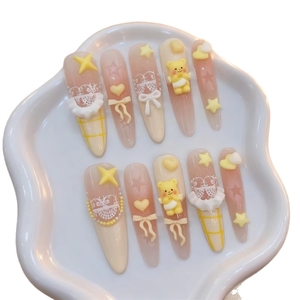 Faux ongles à presser mignons motif <span class=keywords><strong>Château</strong></span> Ours Beurre - Faux ongles faits main pour fille, longs et fins, lot de 10 pièces pour filles - Product Image 1