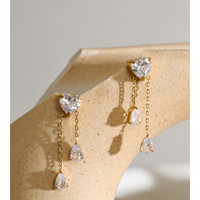 Boucles d'oreilles pendantes JINYOU 8015 tendance en acier inoxydable plaqué or PVD, cœur en zircon cubique, double chaîne, forme goutte d'eau