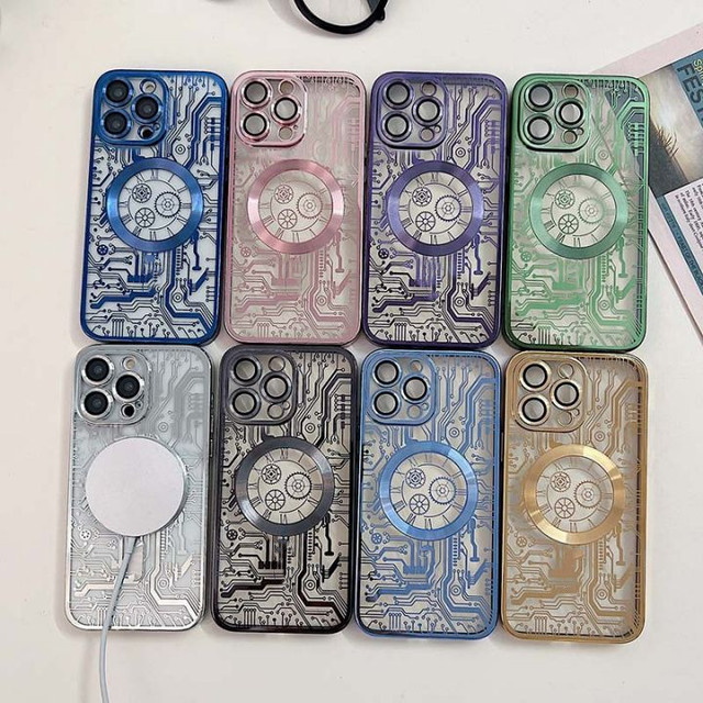 Luxury Electroplate Magnetic Charging Phone Case for iPhone 11 12 13 14 15 16 Pro Max Circuit Board Designs Back Cover