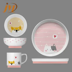 Nuovo Design Cute Little Cat Dog Bear stampa piatto e ciotole in ceramica set di stoviglie per bambini in porcellana per bambini