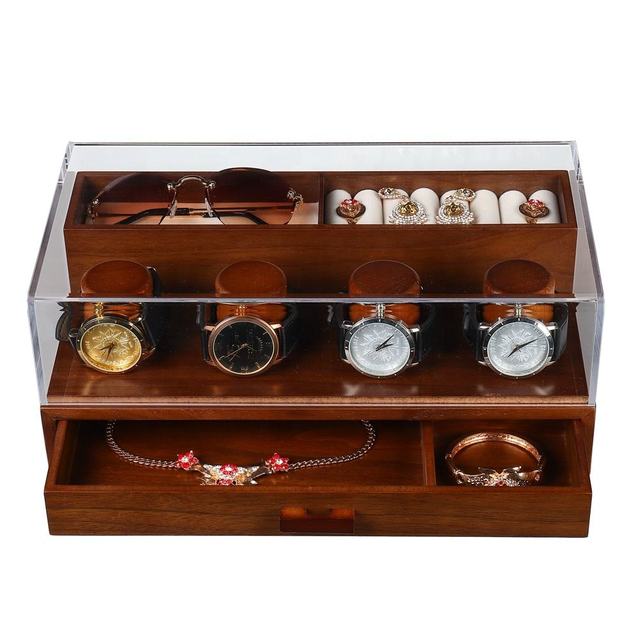 New Arrival Luxury Watch Display Case Walnut MDF Wood 4 Slots Collection Storage Box Made Velvet PU Leather Glass PC Material