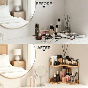 Étagère d'angle de salle de bain à 2 niveaux en bambou avec acier inoxydable 304, support de rangement en bois pour comptoir de salon - Product Image 5