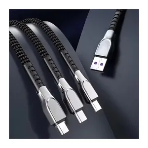New design nylon braid 6A USB charger cable Type c, Zinc alloy data charging 3 in 1 USB cable for cell phone