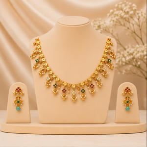 Conjunto Clásico de Collar y Aretes de Oro de 24K con Incrustaciones de Perlas y Piedras Preciosas para Mujer, Joyería de Boda - Product Image 1