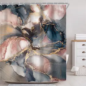 Modern Rose Gold Ombre Luxury Aesthetic Art Printed Pink Navy Blue Marble Shower Curtain for Bathroom Decor Abstract