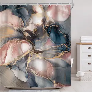 Moderne Rose Goud Ombre Luxe Esthetische Kunst Bedrukt Roze Marineblauw Marmer Douchegordijn Voor Badkamer Decor Abstract