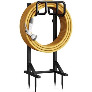 <b>Garden</b> hose holder, freestanding metal hose storage rack with tool <b>hooks</b>, outdoor patio lawn rack. - Product Image 1