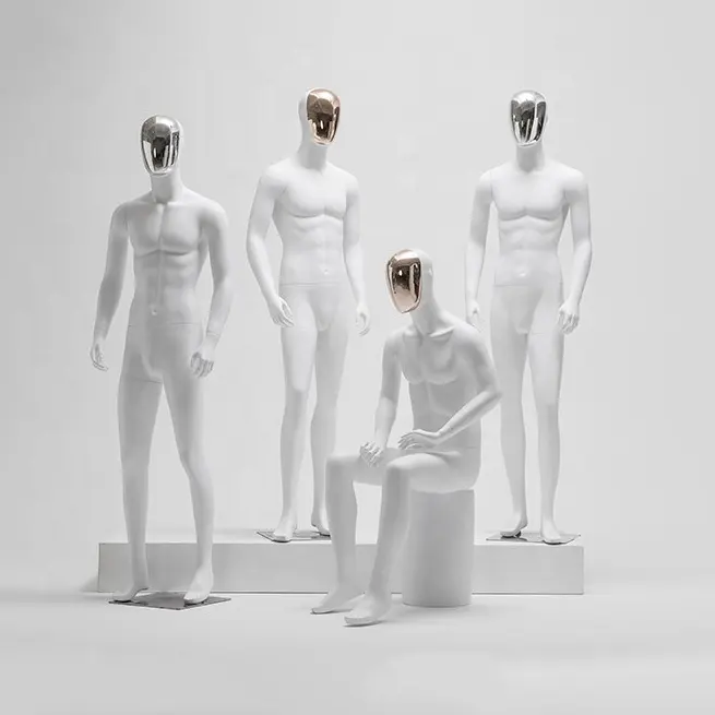פיברגלס מלא גוף אדם גודל מט לבן שינוי chrome פנים מופשט אטרקטיבי דמה זכר עסקי חליפה תצוגת mannequin