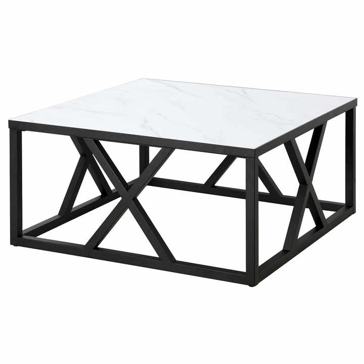 HMS 35 White and Black Steel Square Coffee Table Farmhouse Living Room Furniture with Wooden and Marble Top for Home Use