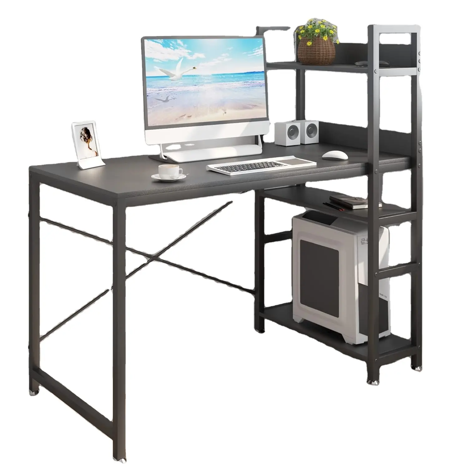Escritorio de ordenador con estantes de 4 niveles, mesa resistente con estantería Reversible para el hogar, oficina, torre de estudio, escritorio para espacio pequeño