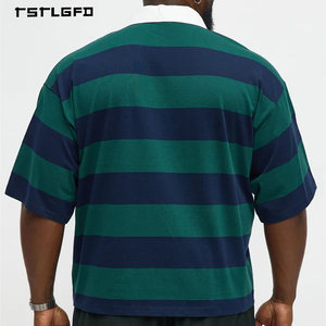 Maglietta Vintage Oversize a Blocchi di Colore in Cotone Termico Pesante a Maniche Corte per <span class=keywords><strong>Uomo</strong></span>, Polo a Righe Stile Rugby - Product Image 3