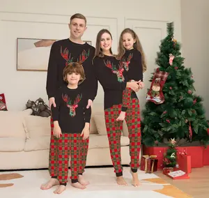 4 개/세트 가족 크리스마스 잠옷 사슴 머리 인쇄 패션 부모-자식 세트 유럽과 미국 긴팔 라운드