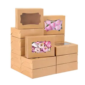 8 × 6 × 2,5 Zoll recycelbare luxuriöse Cookie-Bäckerei-Lebensmittel-Papierboxen Verpackungsbox Gebäck Nachtisch Donuts und Party mit Fenster braun