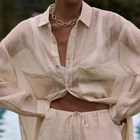 Nouvel ensemble deux pièces en coton et lin uni pour l'été 2023 – Chemise à manches longues et pantalon décontracté pour femme, style européen et américain, idéal pour le commerce international.