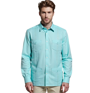 Camisas Guayaberas Cubanas Personalizadas para Hombre, Blancas, Casuales, de Manga Larga, con 4 Bolsillos, Camisa de Vestir Clásica con Pliegues - Product Image 3