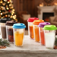 Mug en verre borosilicate à double paroi, classique, avec couvercle en silicone coloré pour café, thé, lait, gobelets